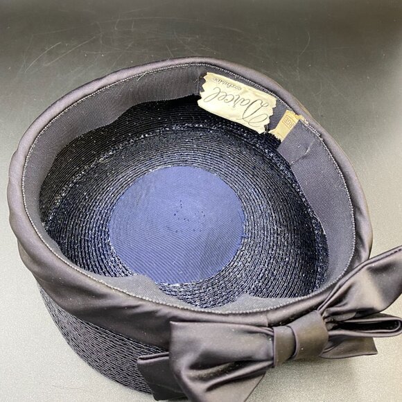 Vintage Darcel Pill Box Straw Hat Large Ribbon Trim Black Made in VTG USA - Picture 9 of 13
